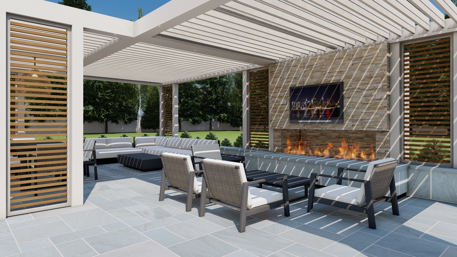 3D render of lounge area with fireplace, TV, and wood privacy screens