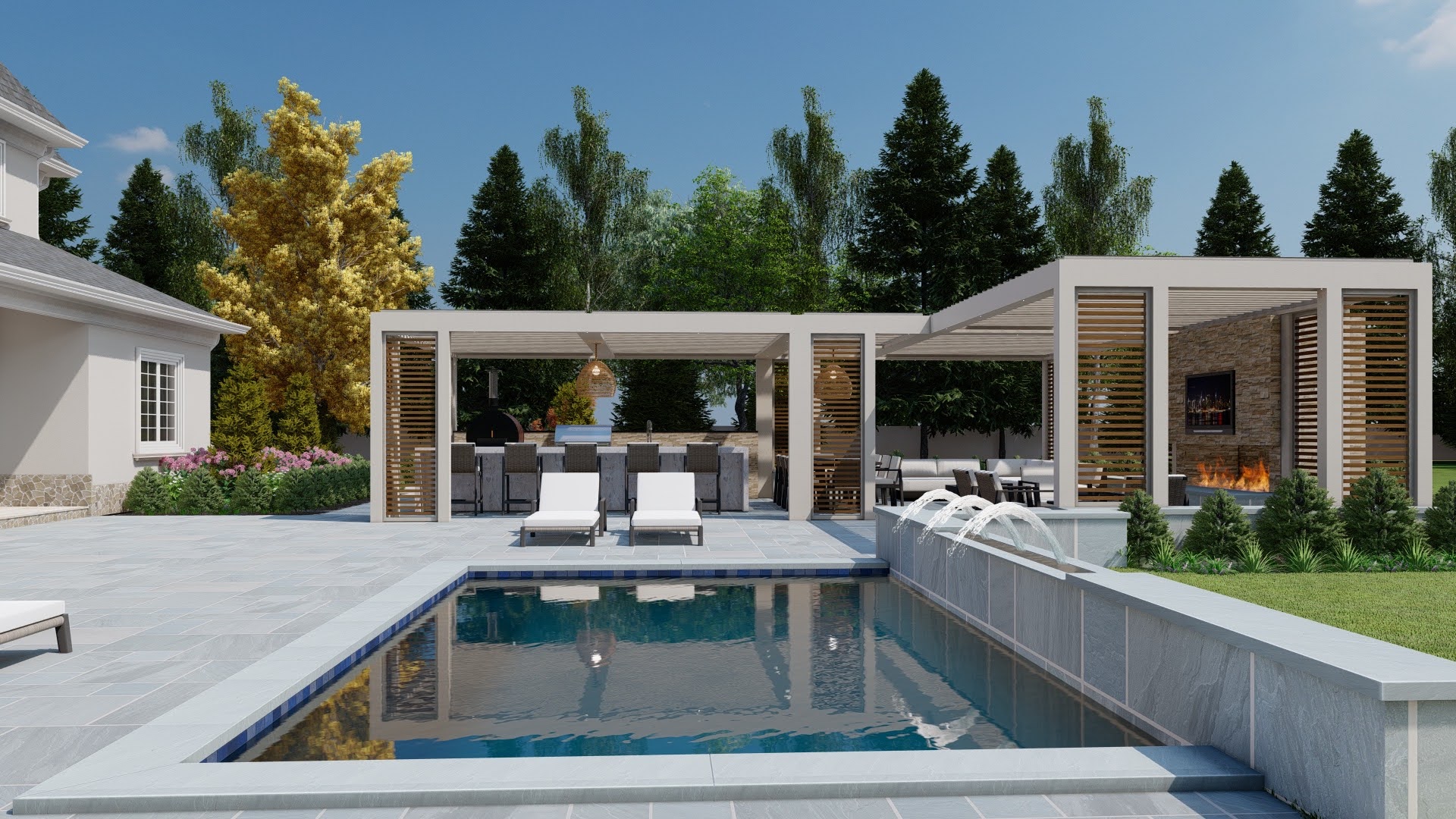 3D render showing pergola design with pool and lounge