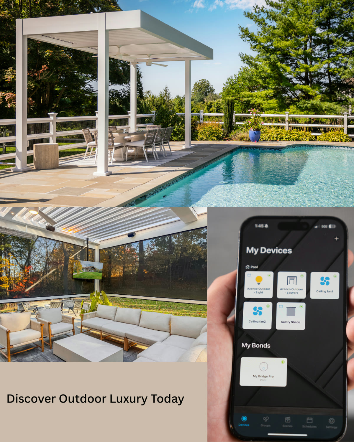 Outdoor living collage — poolside pergola, enclosed lounge, smart phone app control